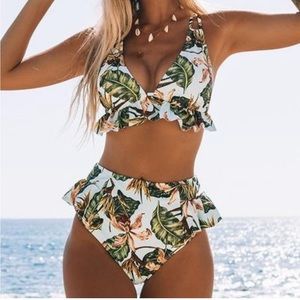 SPORLIKE Ruffle High Waist Bikini Set XL tropical print